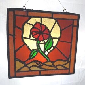 Stained Glass Panel Wall Hanging Window Decor 10 x 11 in Red Flower Art Glass